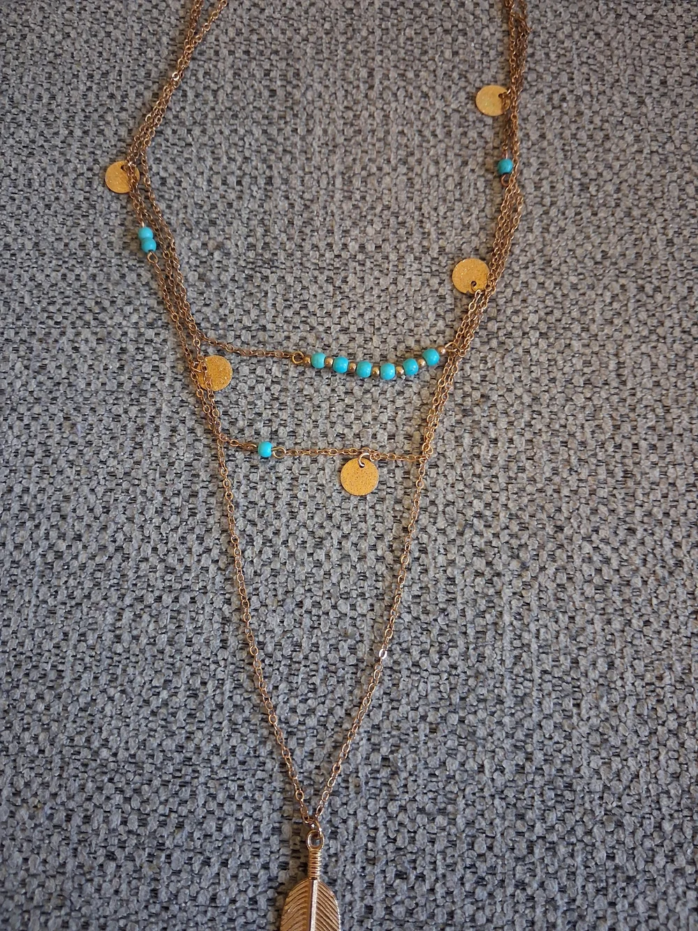 Layered Gold Feather Pendant Necklace with Turquoise Beads - Women Jewelry